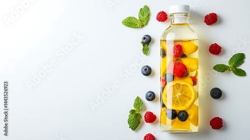Fruit infused water bottle with raspberries and blueberries around
