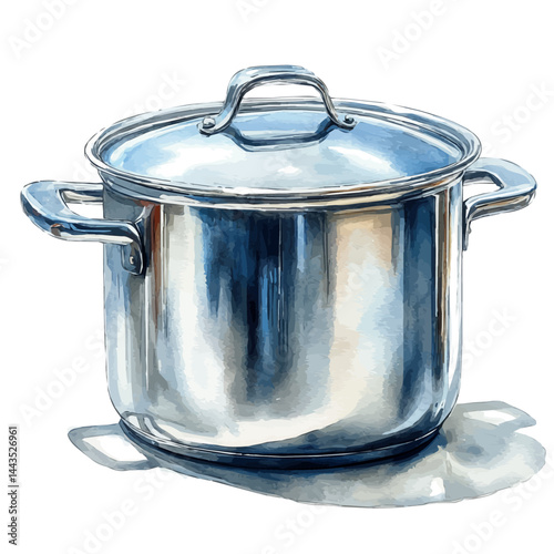Shiny Stainless Steel Pot On A Stove, vector watercolor illustration, isolated on a white background.