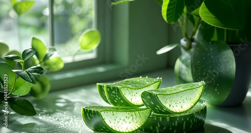 Sliced aloe vera plant with water drops on a table by the window.