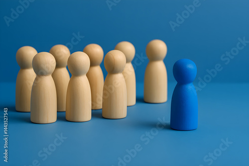 Wallpaper Mural Realistic concept of individuality with blue wooden figure standing apart from group of natural wood figures on solid blue background, symbolizing uniqueness and leadership Torontodigital.ca