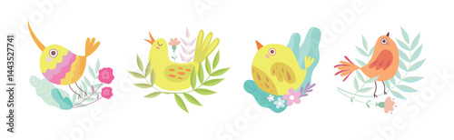 Cute Little Birdie in Bright Foliage and Leaf Vector Set