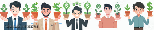 happy man holding two pots of money plants in vector flat design style