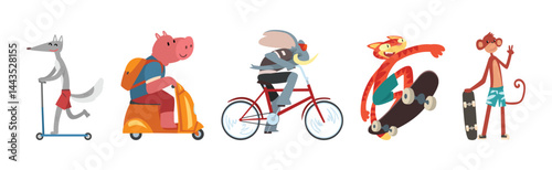 Cute Animal Character Riding Different Transport Vector Set
