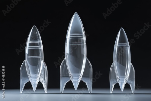 Three clear glass rocket models standing on a reflective surface against a dark background