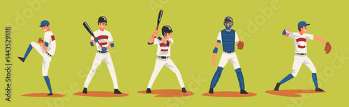 Young Man Baseball Player Playing Bat-and-ball Game Vector Set