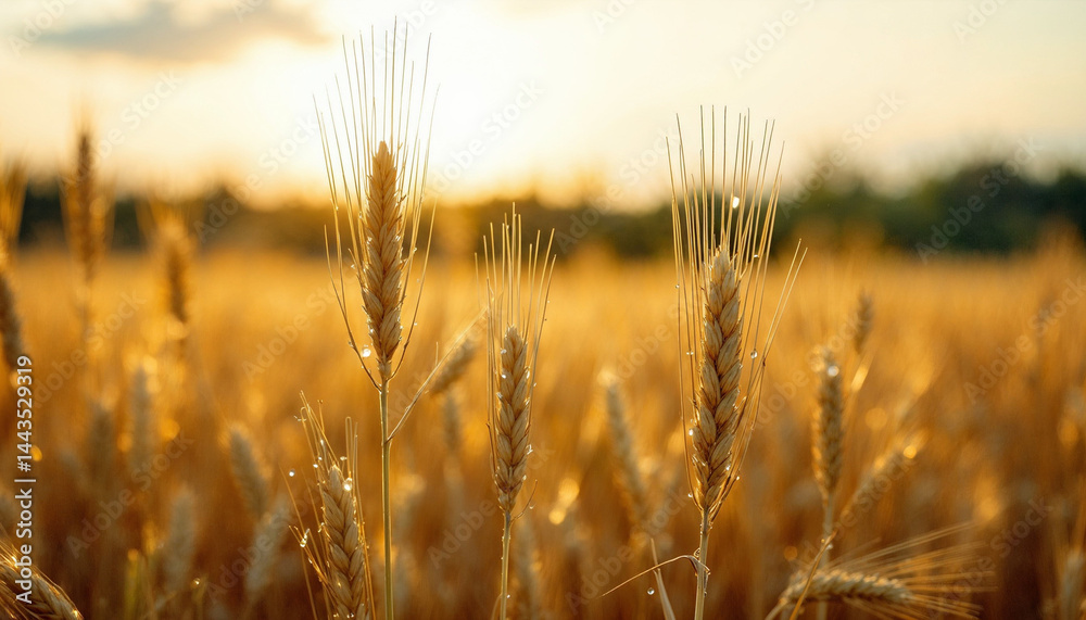 Obraz premium Golden wheat sways gently in the breeze during sunset on a warm summer evening in the countryside