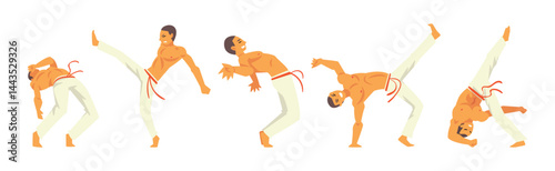 Male Karate Fighter Practicing Martial Art Vector Set