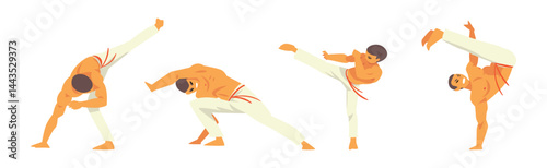 Male Karate Fighter Practicing Martial Art Vector Set