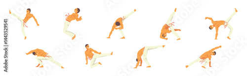Male Karate Fighter Practicing Martial Art Vector Set