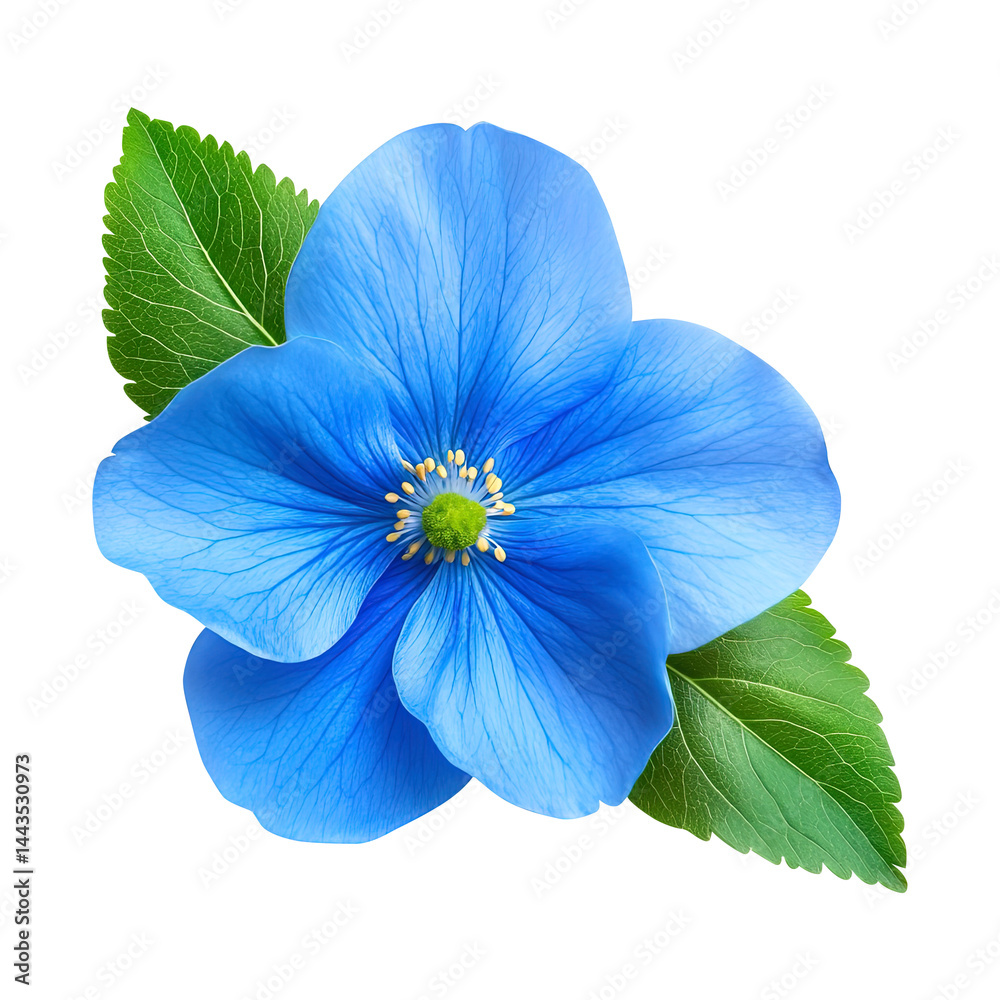 blue popy flower with green leaf isolated on transparent white background, clipping path