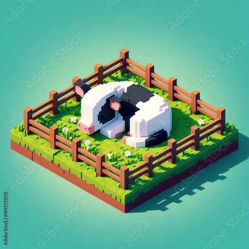 Cow in barnyard voxel art 3d digital illustration background graphic