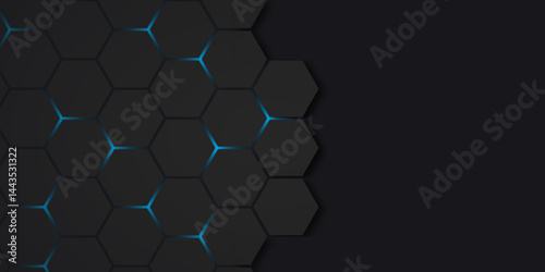 Abstract black and blue light hexagon line in grey modern luxury futuristic background design. Hexagon background design with lighting. Abstract background design. Vector design. Illustration.