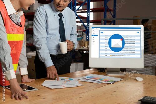 Email notification message showing on computer screen snugly. Digital marketing message information text from business to customer client