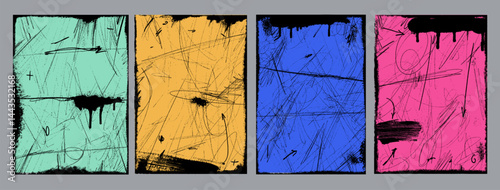 Set of urban posters street art graffiti punk with halftone texture. Scratches, abrasions, halftone pattern, distress damaged edge vintage template. Template graffiti vector style poster in punk style