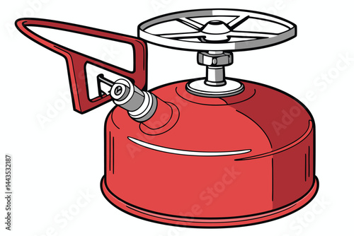 53 Red camping stove fuel canister, portable gas cylinder, metallic valve, white background, product photography, detailed, realistic, glossy surface, outdoor equipment, compact design, vibrant red co