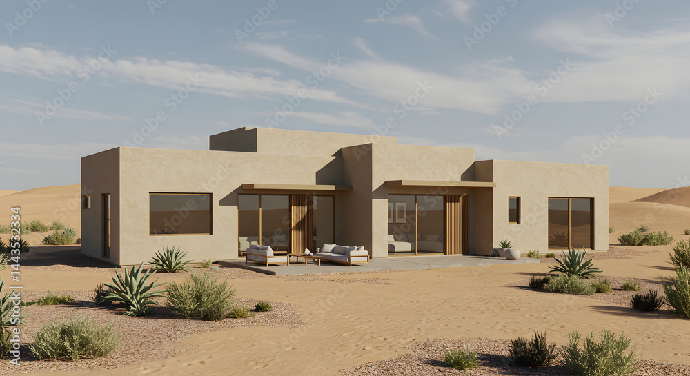 Fototapeta premium Contemporary Desert Home In An Arid Landscape Under A Beautiful Sky
