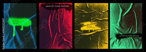 Set of graffiti punk posters, urban street art with grunge. Brush drawn overlay texture. Retro style overlay grunge distress grain, scratches, abrasions, drips, paint splashes. Vector halftone texture