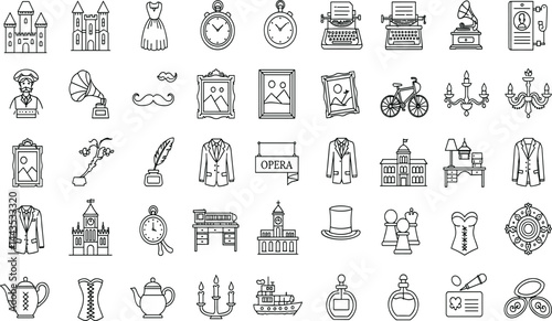 Victorian Era line icon set. Vector pictograms of 19th-century, antique, dress, corset, typewriter, gramophone, pocket watch, tailcoat, letter with dry flowers