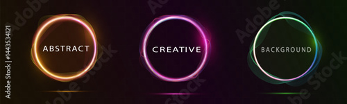 Creative abstract background with glowing neon circular waveforms and dark gradient design.
