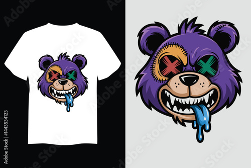 Mad Bear Graphic on Tee: A cool, stylized graphic of a quirky bear's head design on a tee shirt, a striking display of character in streetwear fashion.