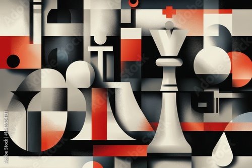 Abstract chess composition featuring geometric shapes and a prominent white king piece in focus