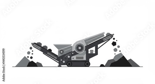 Minimalist graphic art depicting a rock crusher with a clean, elegant and stark white background