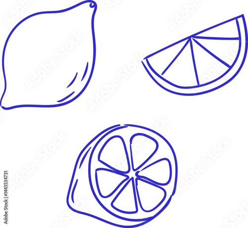 Fresh citrus fruits illustrated in minimalist style featuring a lemon, lime wedge, and lime slice on a white background