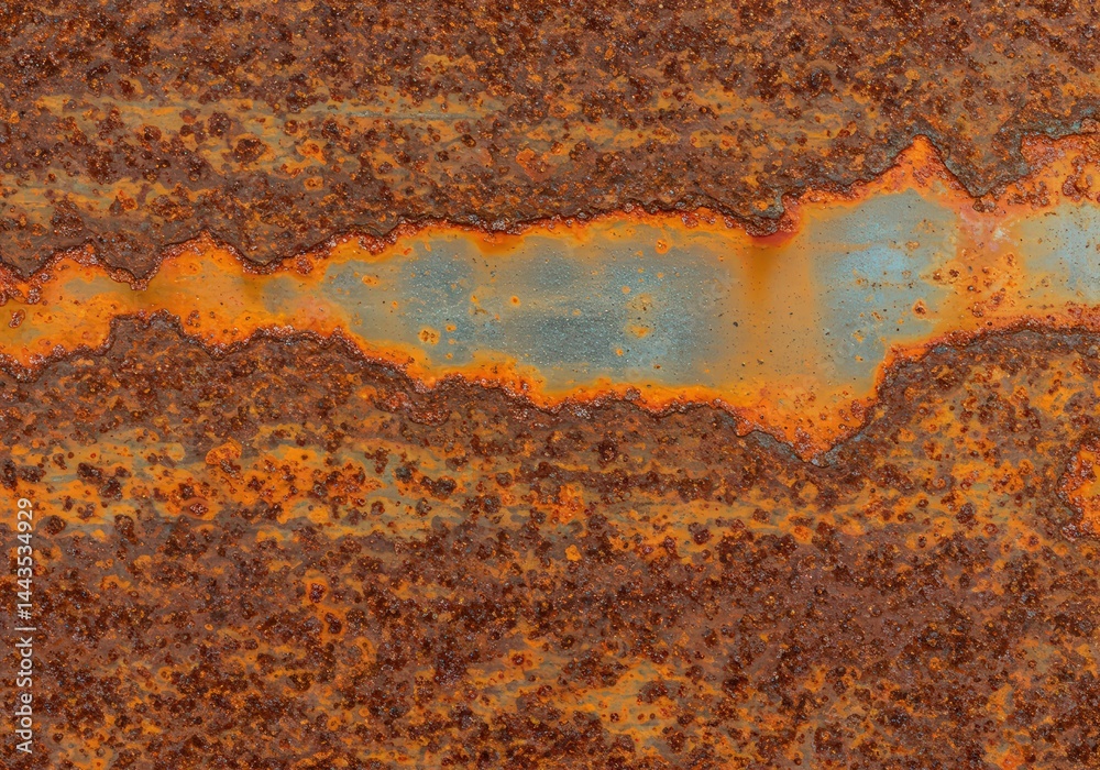 Fototapeta premium Close-up view of rust texture on metal plate, showing corrosion and degradation, used as abstract background or surface pattern for grunge design element.