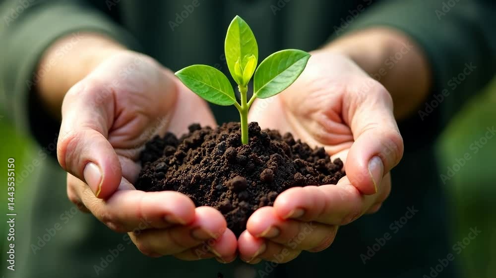 Close-up of hands gently holding rich soil with a young green plant sprouting from it, natural photo style, blurred green background, concept of growth and sustainability Close-up of hands gently holding rich soil with a young green plant sprouting from it, natural photo style, blurred green background, concept of growth and sustainability