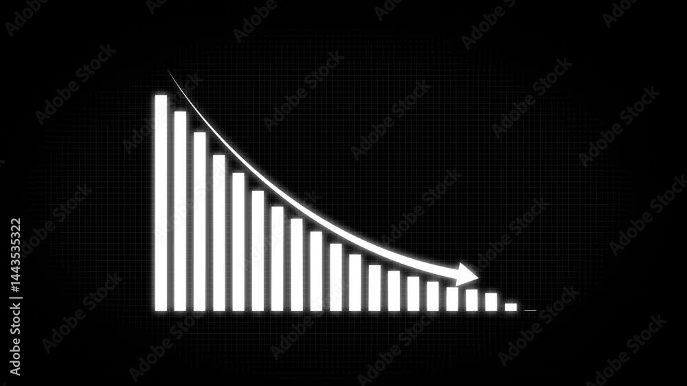 Motion animated footage. Statistics bars columns growth, arrow down. Finance, Bar graph going down, loss project, positive increase chart, arrows axis, animation graph with alpha channel.