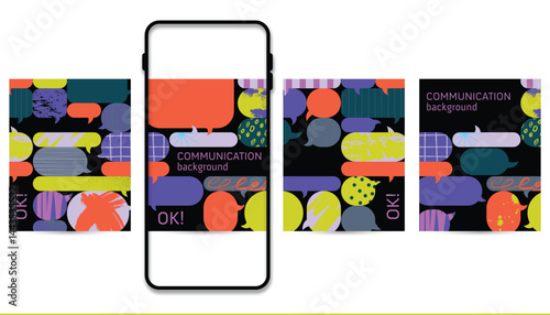 communication speech bubble social media post carousel background template. kids children teenager student family group of people community networking conversation dialogue talking 