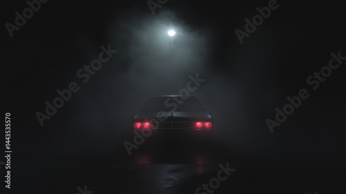 Vintage Muscle Car in Fog Under Streetlight
