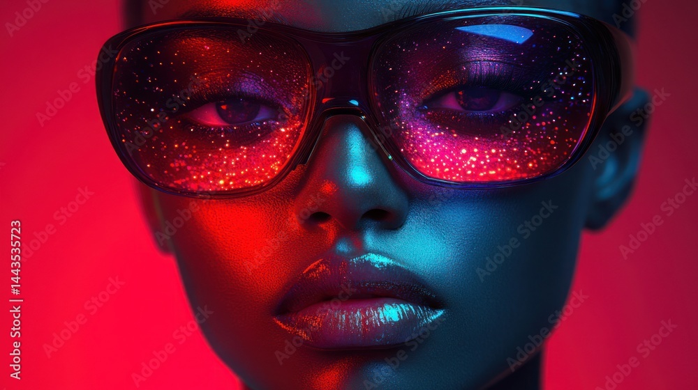 Neon Nights: A Close-Up Portrait of a Woman Wearing Sparkling Sunglasses