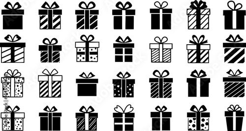 Gift box icons set. Surprising gift box symbol. Present gift box tied signs. Christmas, birthday, valentine, open, sparkle, wedding event, party, celebration, achievement success vector illustration