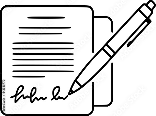 Pen signing a contract with signature icon set in line style. business management symbol. Pen, Signature, Paper signs, vector illustration
