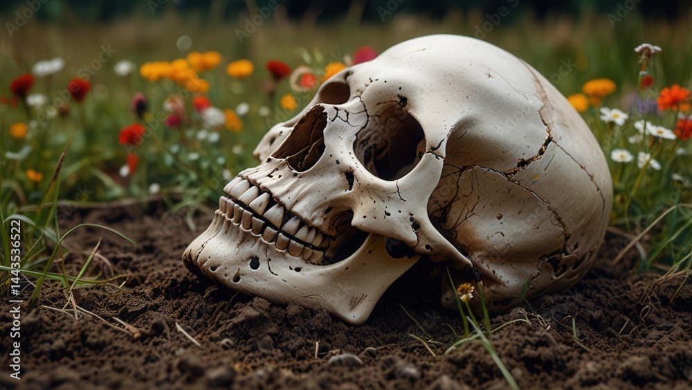 Bleached Human Skull Among Wildflowers and Grass
Bleached Human Skull Among Wildflowers and Grass