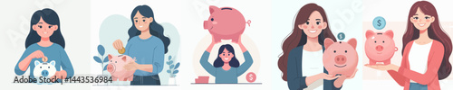 a smiling woman holding a big piggy bank style vector flat design