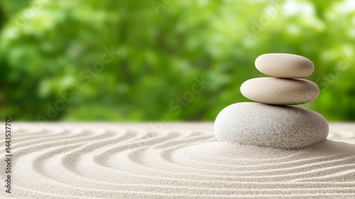 Zen garden sand with single smooth stone and green leaves overhead
