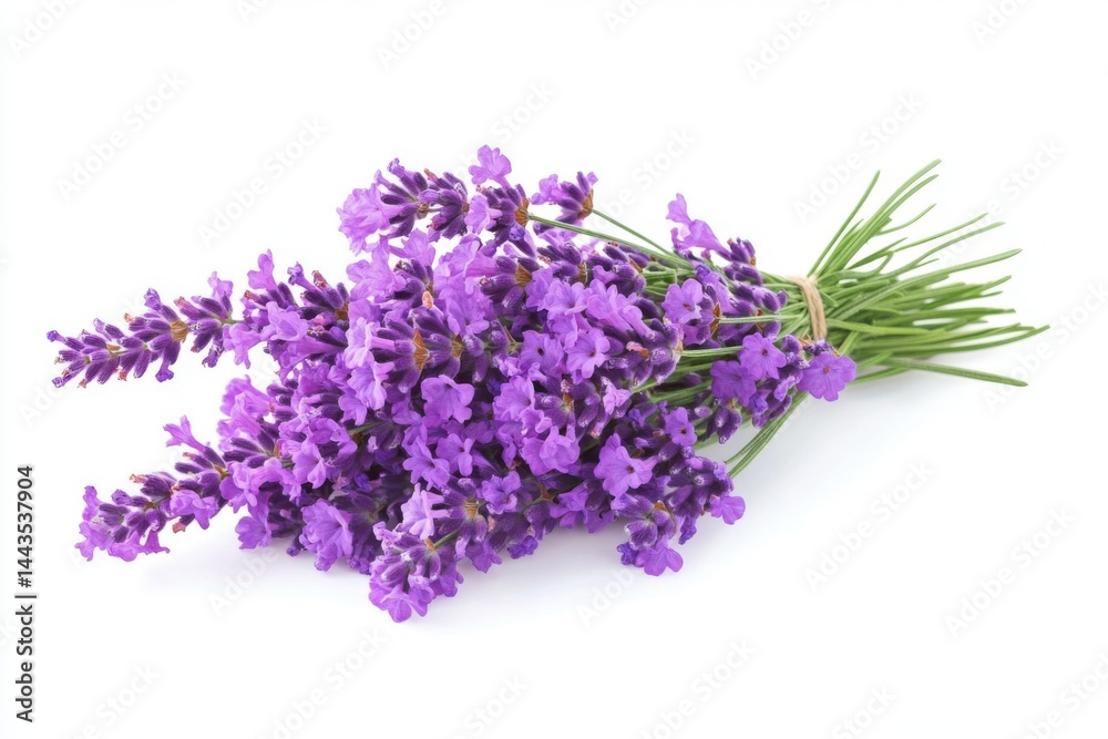 Obraz premium A bunch of fresh lavender flowers tied together with twine on a white background studio shot close up