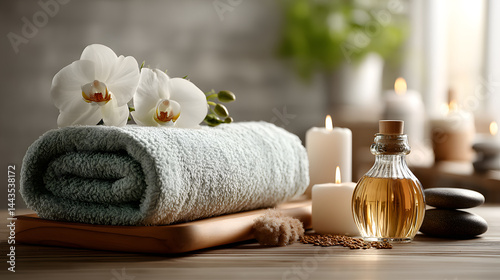 Modern Spa Salon with Massage Table, Candles, and Orchid — Relaxation Concept
