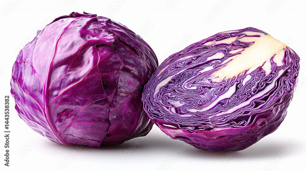 Fototapeta premium Fresh Purple Cabbage Whole and Sliced on a White Background