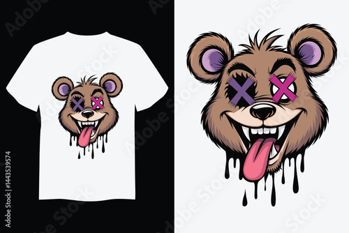 Teddy Bear Illustration: A playful cartoon bear illustration, perfect for t-shirt design, with a mischievous grin and dripping paint details. This design captures a vibrant, artistic style.