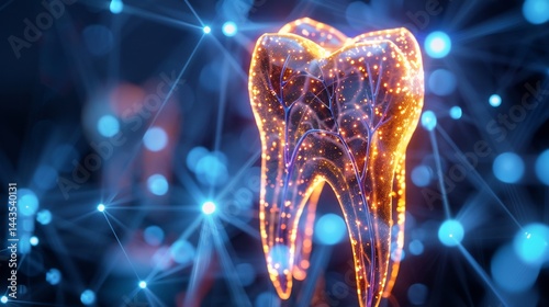 Glowing digital representation of a molar with root canal treatment