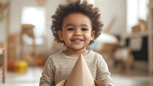 Smiling child holding a paper cone in a bright room Generative AI