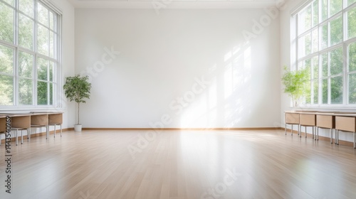 Empty bright room with large windows. Natural light streams in, illuminating a light-wood floor and white walls.  Small wooden tables and chairs flank the large windows