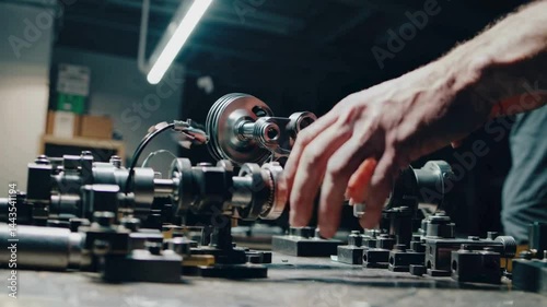 Engineer adjusting industrial machine components in workshop
