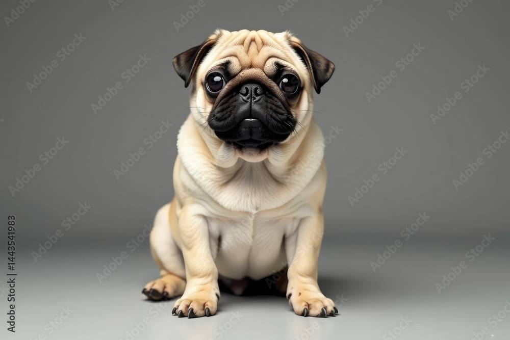 Obraz premium Single pug, facing forward, on seamless white backdrop , one, pug