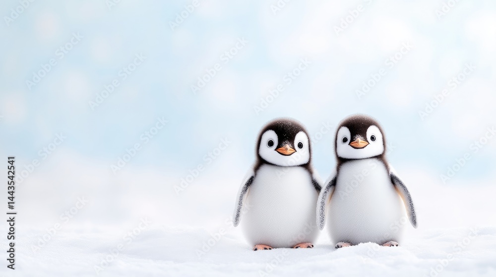 Obraz premium Two cute baby penguin chicks standing together on a snowy field under a soft blue sky.