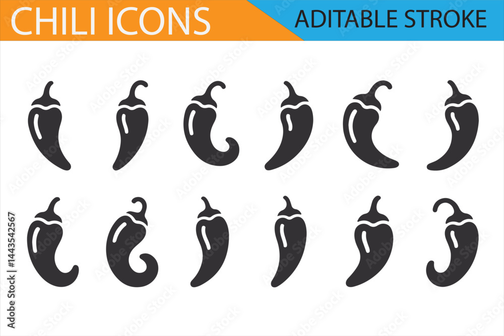 Fototapeta premium Editable Stroke Chili Pepper Icons in Black for Spicy Ingredient Illustrations