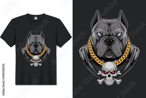 Pitbull Vector Design for T-shirt: A pitbull head with skull in vector design with gold chain for t-shirt design with intense emotion.